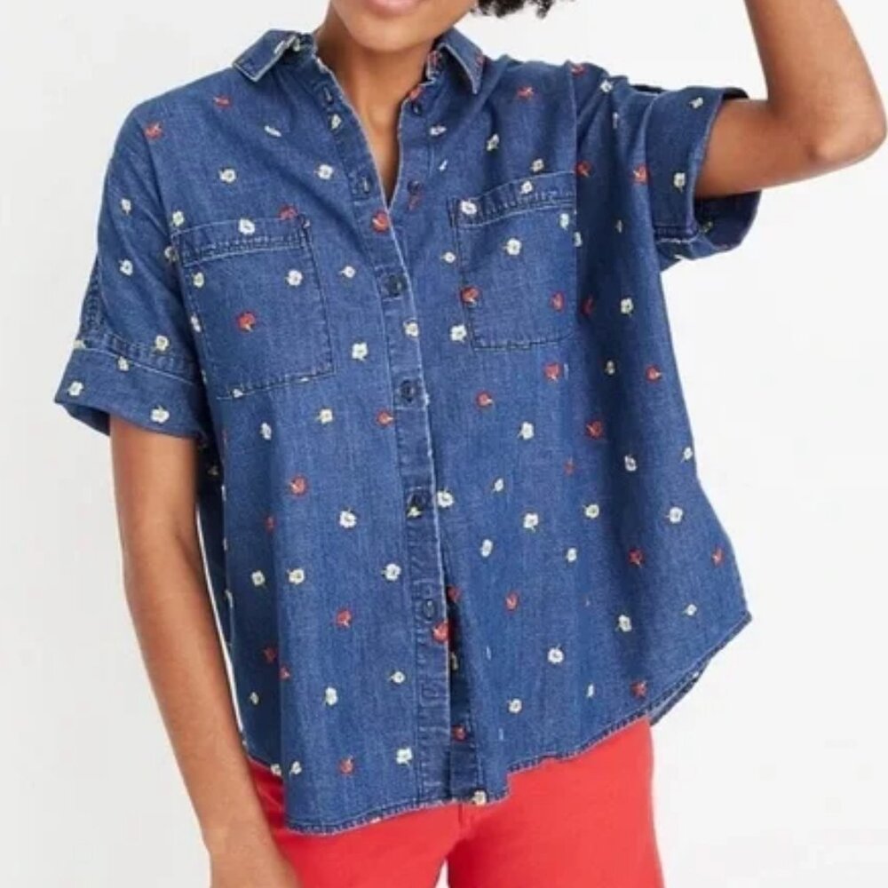 Madewell Embroidered Floral Denim Courier Shirt In Confetti Floral Size XL Top